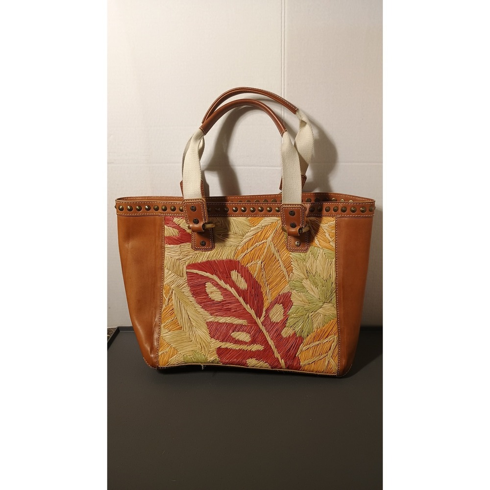 Tommy Bahama Tote Bag Womens Large Tan Good Tropical Straw Leather Studded Boho